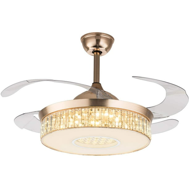 COLORLED Crystal Taking Off 48-Inch Remote Invisible Mute Ceiling Fan Light for Home Decoration Simple Modern Bedroom Living Room Fan Chandelier 